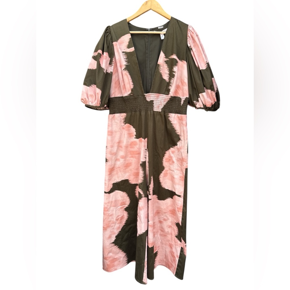 Anthropologie Hutch Green Pink Wide Leg Jumpsuit Size 1X Plunging V-Neck - Picture 3 of 15